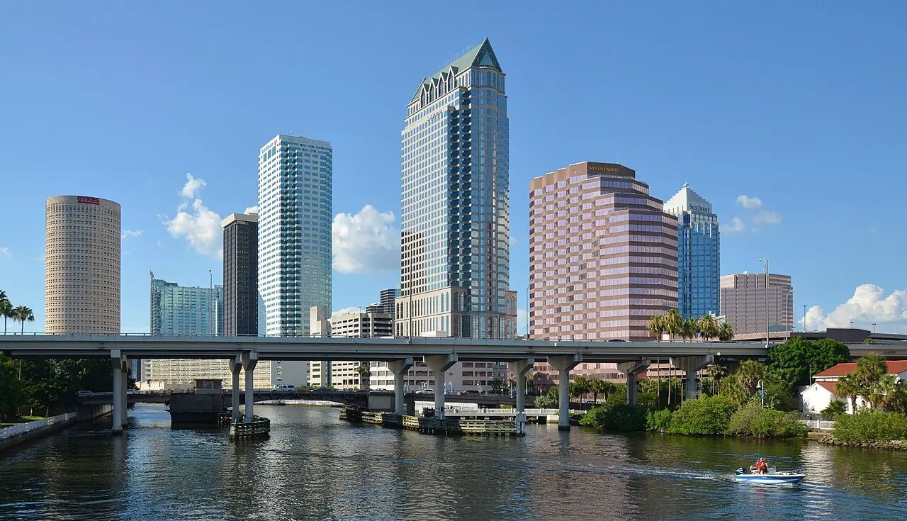 The downtown Tampa skyline seen across the Hillsborough River on a clear day.