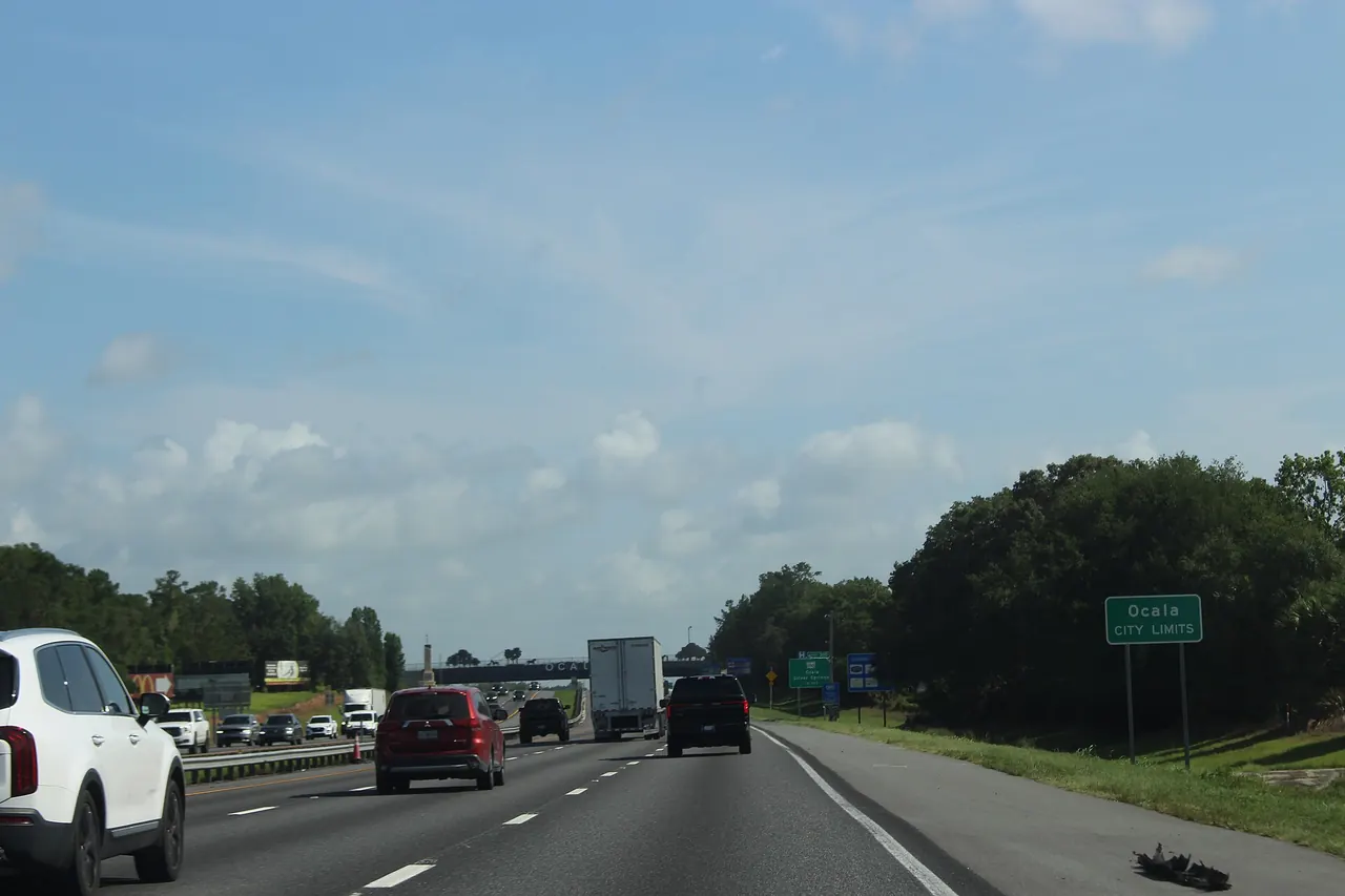 Northbound traffic on Interstate 75 passing a green sign reading Ocala city limits, with pines along the shoulder.