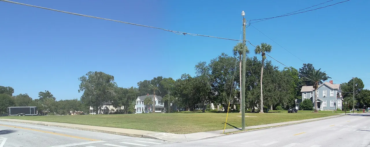 Wide view of frame houses set back behind a mown green in Ocala's historic district, with palms and power lines along the street.